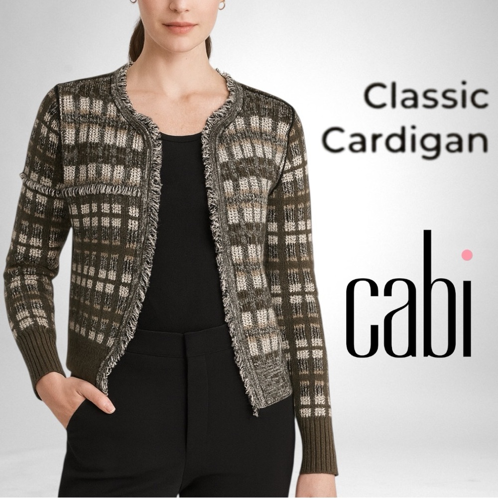 CAbi 4097 Fringe Classic Cardigan Open Crop Knit Sweater Brown Plaid Size Medium